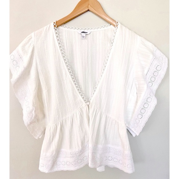 Express Tops - Express White Eyelet Lace Circle Hook Bohemian Peplum Short Sleeve Blouse Small